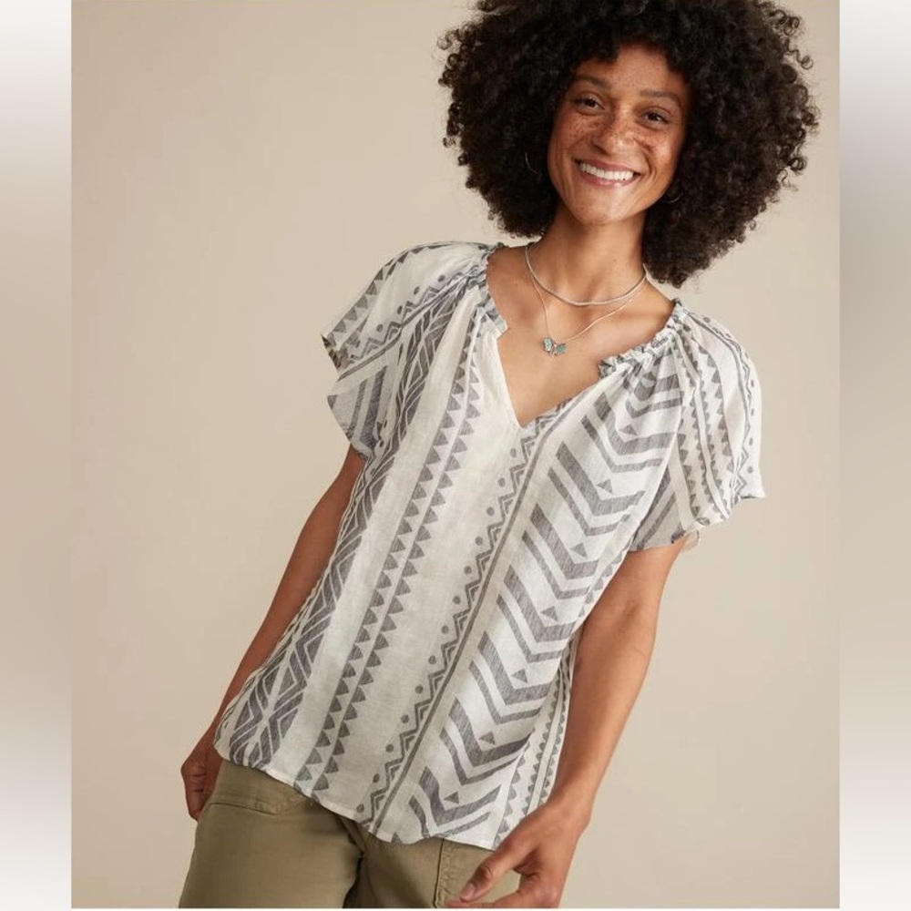 NWT Marine Layer Lana Jacquard Blouse XS Black White Boho Linen Blend Top